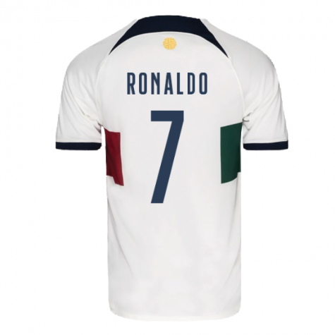 Back view of a white Ronaldo jersey with number 7 and blue lettering, green and red side panels on the torso.