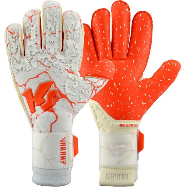 Pair of white and orange goalkeeper gloves with a cracked pattern on the backhand and bright orange palms.