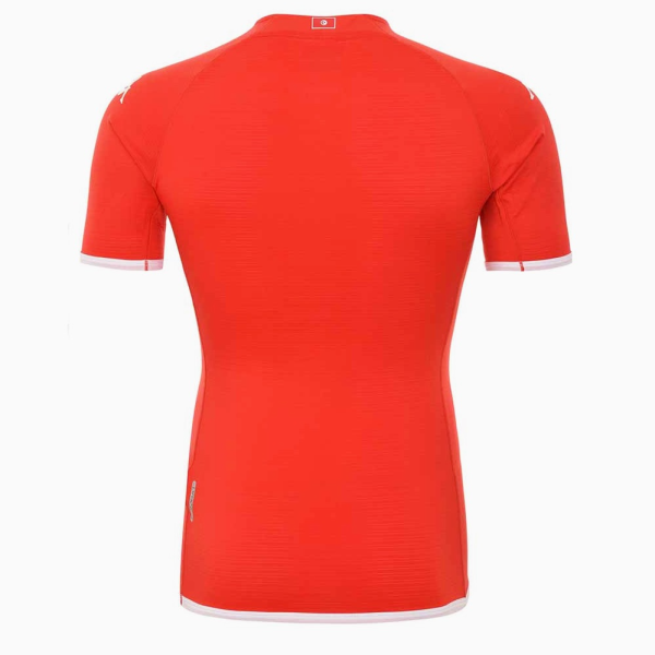 Red athletic short-sleeve shirt viewed from the back with white trim at cuffs and hem