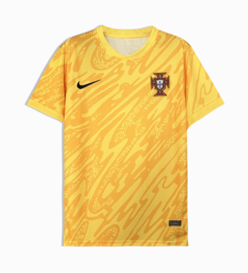 Portugal national team yellow soccer jersey with abstract orange pattern, Nike swoosh, and crest on the chest.