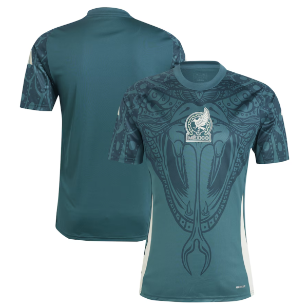 Teal Mexico football jersey with ornate tribal pattern and crest on the chest, shown from front and back.
