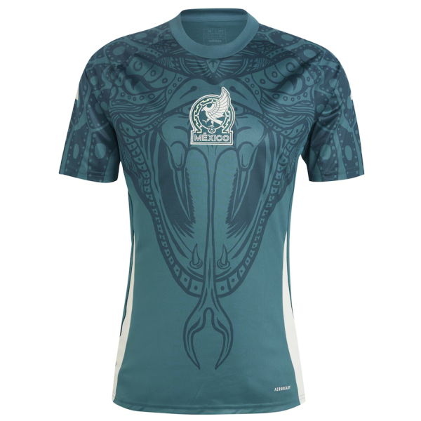 Turquoise athletic jersey with a dark teal intricate tribal pattern and a Mexico national team crest on the chest.