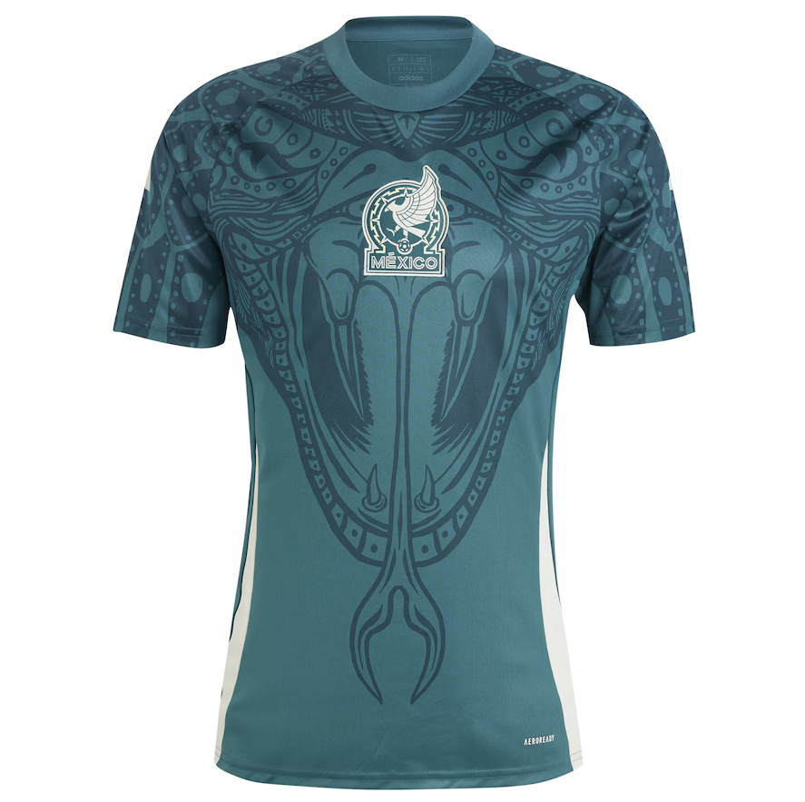 Screenshot2024-08-11234452 | UAE SPORT STORE Turquoise athletic jersey with a dark teal intricate tribal pattern and a Mexico national team crest on the chest.