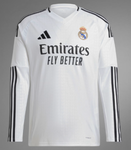 White Real Madrid soccer jersey with black Adidas stripes on shoulders and sleeves, featuring the club crest and 'Emirates Fly Better' sponsor text.
