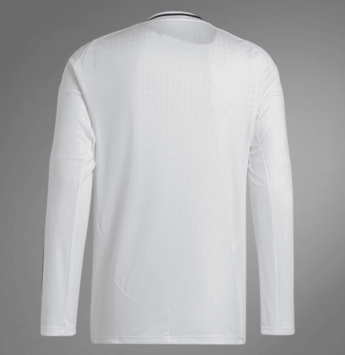 Back view of a white athletic long-sleeve shirt with textured panels and a dark collar edge.