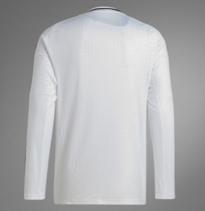 Back view of a white athletic long-sleeve shirt with textured panels and a dark collar edge.