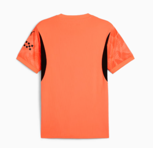Back view of a bright orange athletic jersey with black side panels and patterned sleeves.