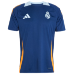 Blue Real Madrid soccer jersey with light blue shoulder panels and orange side panels, Adidas logo on chest.
