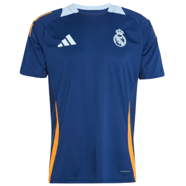 Blue Real Madrid soccer jersey with light blue shoulder panels and orange side panels, Adidas logo on chest.