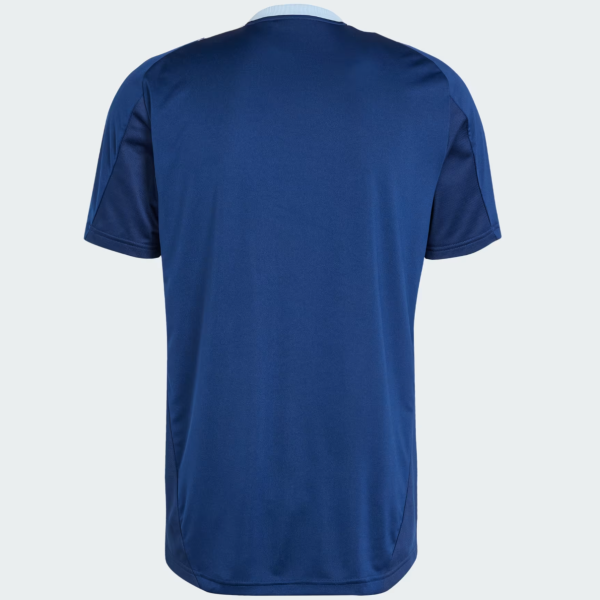 Back view of a navy blue polo shirt with a light blue collar, short sleeves, plain back.