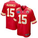 Red Kansas City Chiefs football jersey with number 15 (Mahomes), shown from front and back, featuring NFL logos.