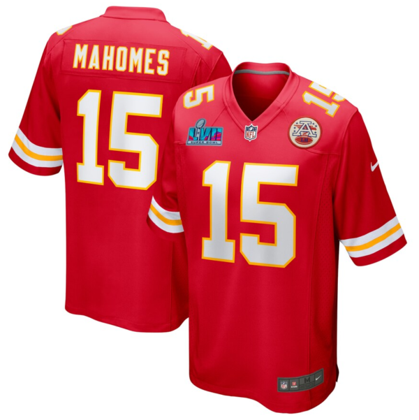 Red Kansas City Chiefs football jersey with number 15 (Mahomes), shown from front and back, featuring NFL logos.