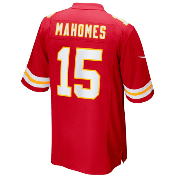 Back view of a red football jersey with 'MAHOMES' and number 15 in white with yellow trim.