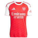 Arsenal football jersey in red with white sleeves, featuring Emirates Fly Better sponsor text and club crest on the chest