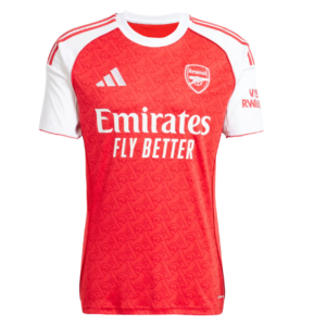 Arsenal football jersey in red with white sleeves, featuring Emirates Fly Better sponsor text and club crest on the chest