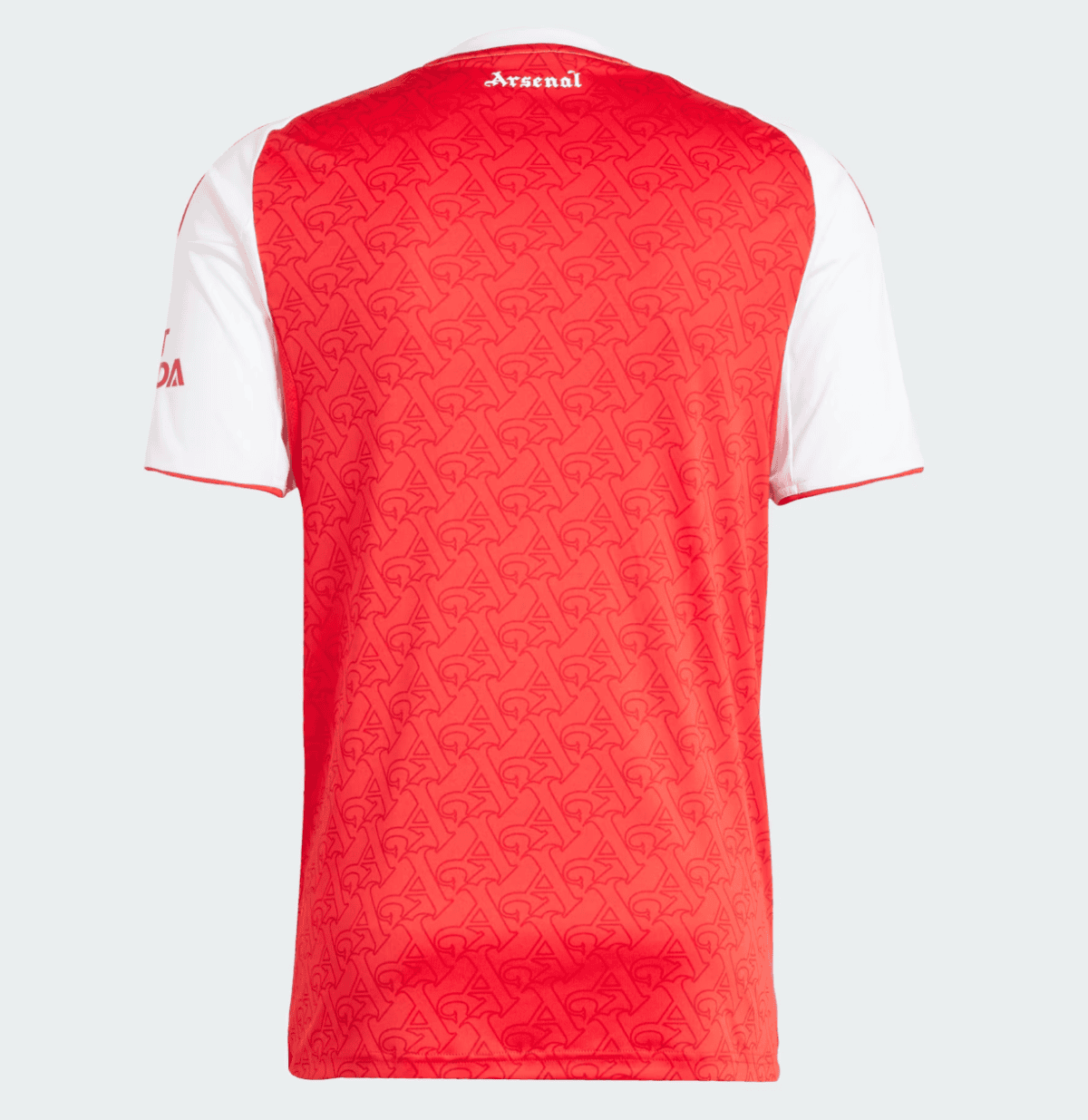 Back view of a red Arsenal football jersey with white sleeves, featuring a repeating pattern and 'Arsenal' text near the neck.