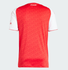 Back view of a red Arsenal football jersey with white sleeves, featuring a repeating pattern and 'Arsenal' text near the neck.