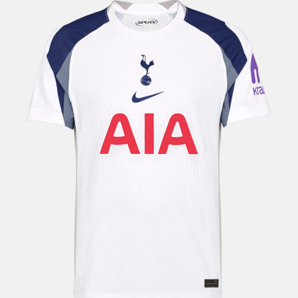 White Tottenham Hotspur football jersey with navy and gray shoulder panels, Nike swoosh, club crest, and red AIA sponsor on the chest.