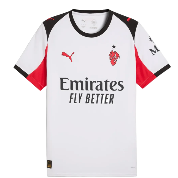 White football jersey with black collar and red/black sleeve panels, featuring the 'Emirates Fly Better' sponsor across the chest and the team crest on the left chest (Puma logo visible).