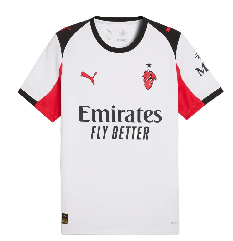 Screenshot2025-09-12231511 White football jersey with black collar and red/black sleeve panels, featuring the 'Emirates Fly Better' sponsor across the chest and the team crest on the left chest (Puma logo visible).