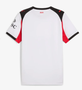 White soccer jersey with black shoulder panels and red side panels, small 'MILAN' text at the neck, plain back.