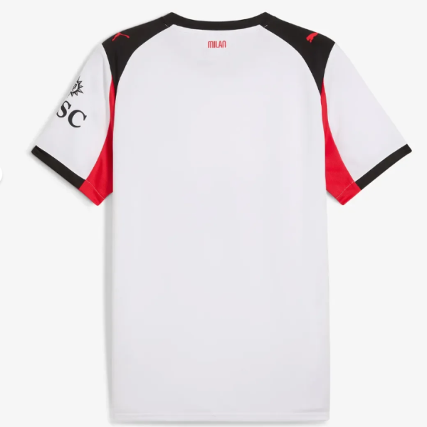 White soccer jersey with black shoulder panels and red side panels, small 'MILAN' text at the neck, plain back.