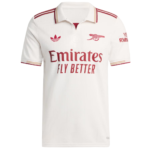 White polo jersey with red accents and 'Emirates Fly Better' sponsor text on the front, Arsenal logo on left chest, and team branding on sleeves.