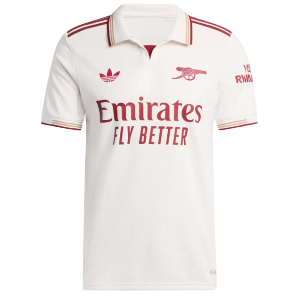 White polo jersey with red accents and 'Emirates Fly Better' sponsor text on the front, Arsenal logo on left chest, and team branding on sleeves.