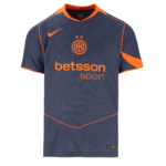 Inter Milan football jersey in navy with bright orange accents and sponsor 'betsson.sport' on the chest, front view.