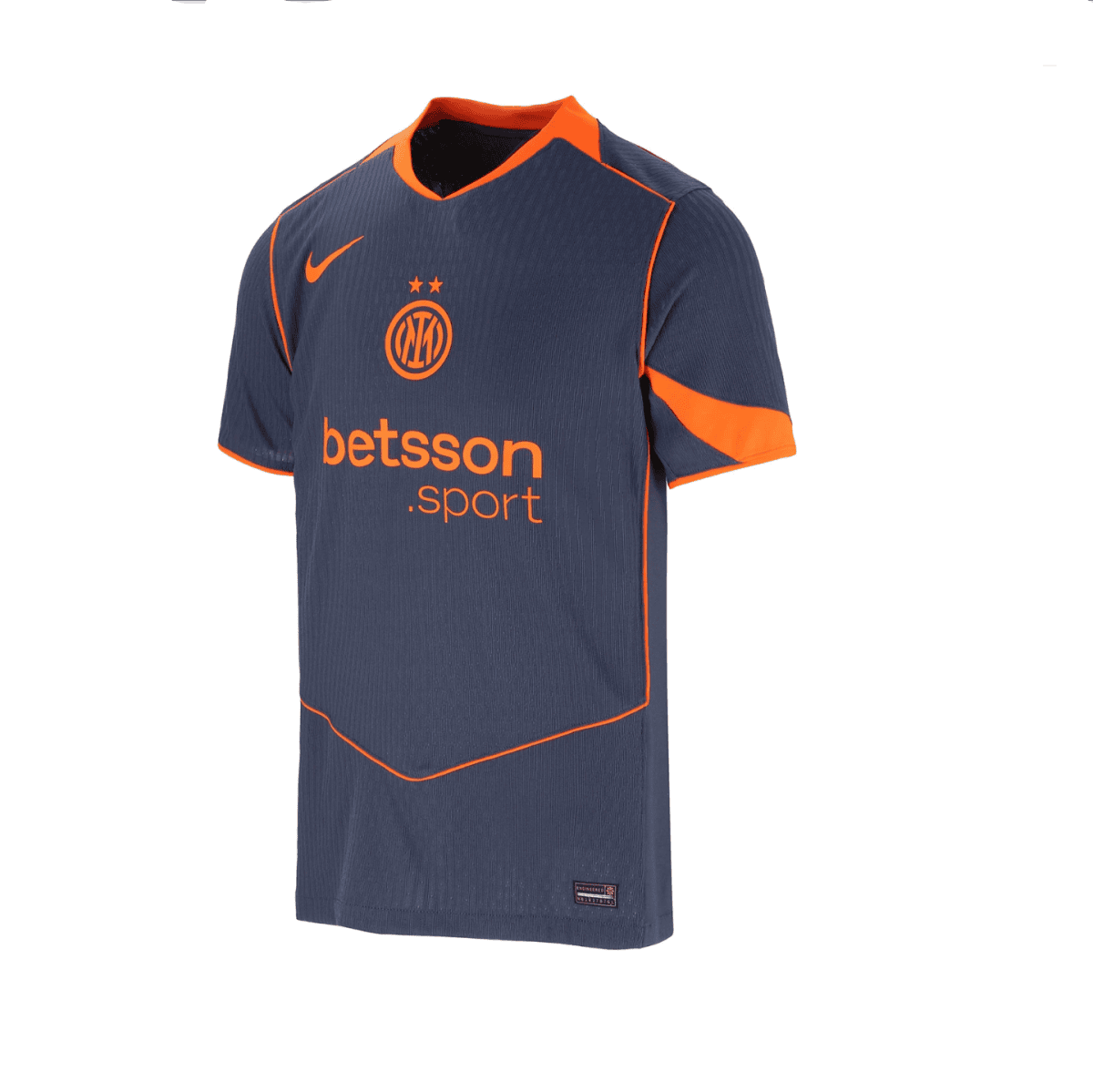 Dark blue Inter Milan soccer jersey with bright orange trim, featuring the orange Nike swoosh and Inter crest above the Betsson Sport sponsor on the chest.