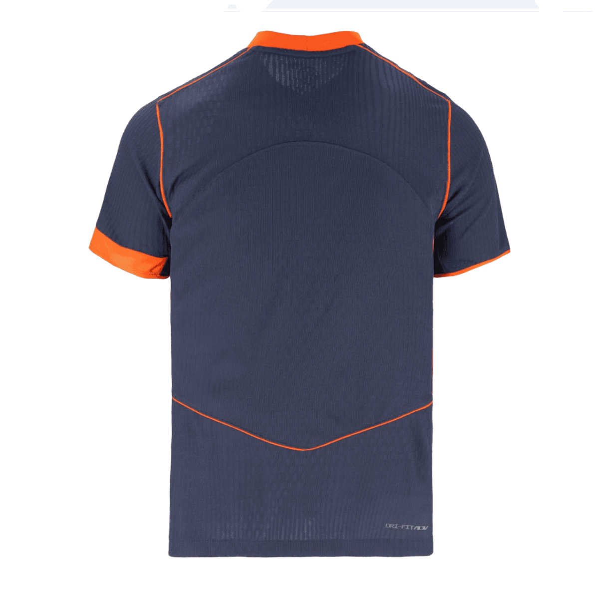 Back view of a navy blue athletic T-shirt with orange piping along seams and orange sleeve cuffs, DRIT-FIT label at bottom edge