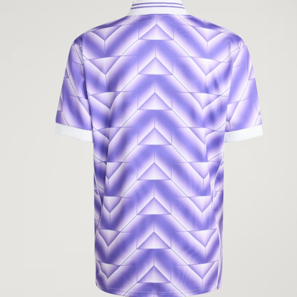 Purple geometric-pattern polo shirt seen from the back, white collar and sleeve cuffs visible