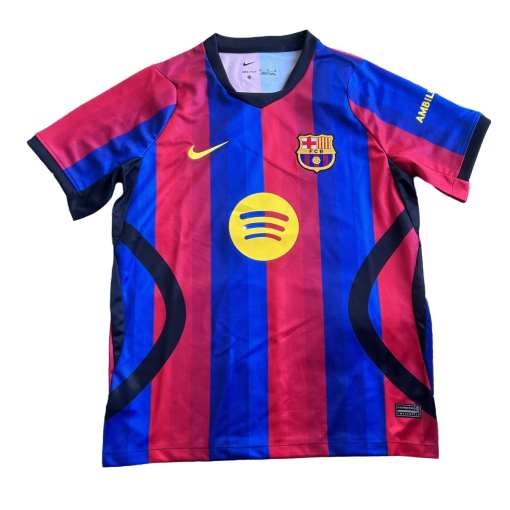 Barcelona FC home jersey with blue and red vertical stripes, Nike swoosh and club crest, and yellow Spotify sponsor logo in the center.
