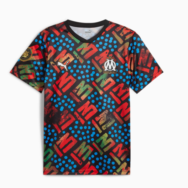 Bright, patterned football jersey featuring blue dots and red-green geometric shapes; has OM crest and Puma logo on chest.