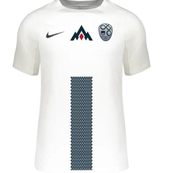 White soccer jersey front with a tall navy mesh stripe down the center, Nike swoosh on the left chest, and a team crest on the right.