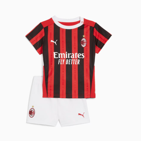 AC Milan kids' soccer kit with red-and-black striped jersey and white shorts, featuring Emirates Fly Better sponsor and team crest