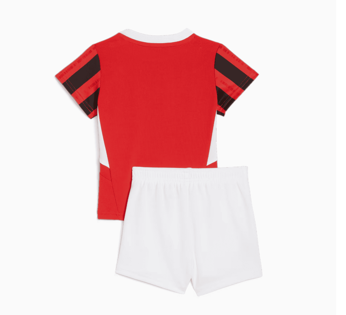 Back view of a red soccer jersey with black-and-red striped sleeves and white side panels, paired with white shorts.