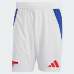 White athletic shorts with blue side panels, featuring a red Arsenal cannon logo on the left leg and a red Adidas logo on the right leg.