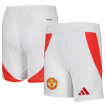 White Manchester United football shorts with red accent panels and club crest on the right leg, Adidas logo on the left leg, back view shows brand stripe design? (informative)