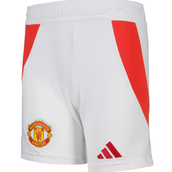 White Manchester United soccer shorts with red side panels; club crest on the left leg and Adidas logo on the right leg.