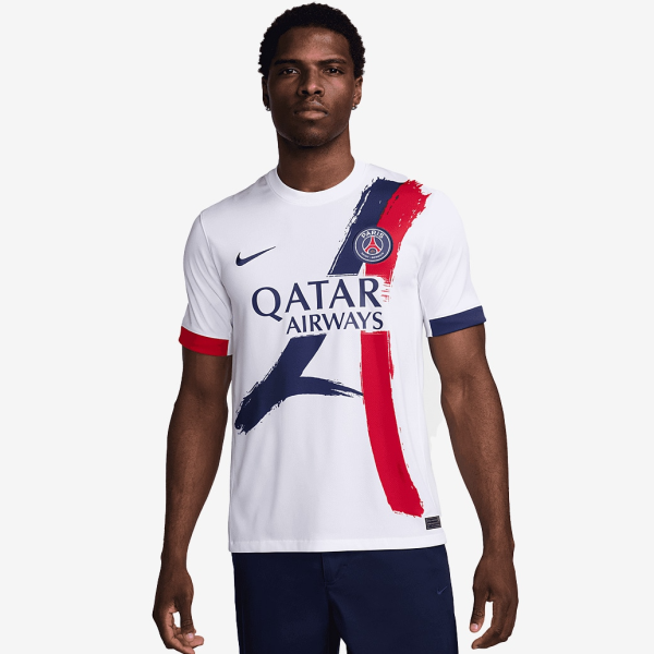 Athletic man wearing a white Paris Saint-Germain jersey with Qatar Airways sponsor and blue-red brushstroke design.