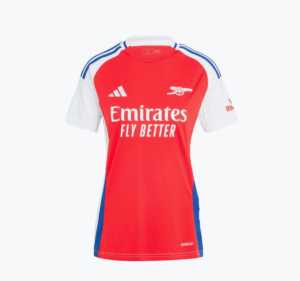 Red Arsenal football jersey with white sleeves, blue side panels, and the Emirates Fly Better sponsor on the front (front view).