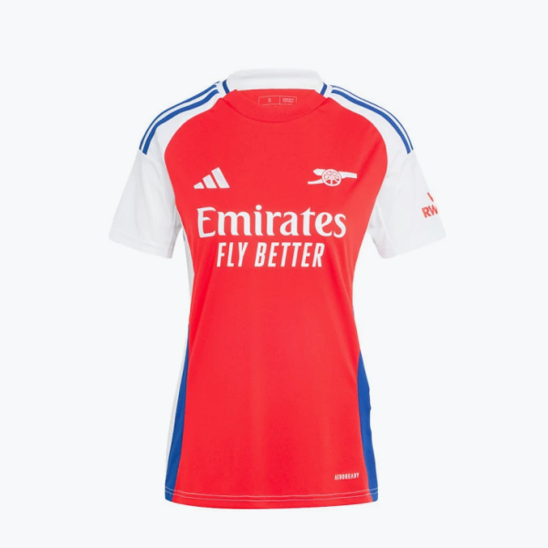 Red Arsenal football jersey with white sleeves, blue side panels, and the Emirates Fly Better sponsor on the front (front view).