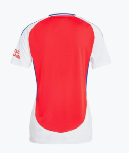Back view of a red and white sports jersey with blue trim.