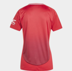 Back view of a red gradient short-sleeve sports jersey, with white trim at the neck and a white logo on the left sleeve.