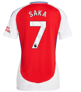 Back view of a red Arsenal football jersey with white sleeves, name 'SAKA' and number '7' on the back.