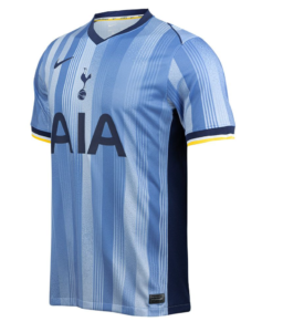 Light blue striped Tottenham Hotspur soccer jersey with AIA sponsor, Nike swoosh, and navy side panels.