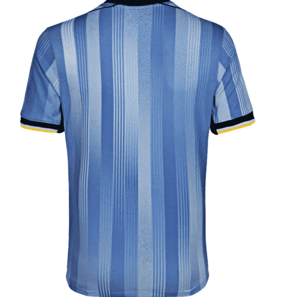 Back view of a blue striped sports jersey with short sleeves and black-yellow cuff trim, no visible face or logo.