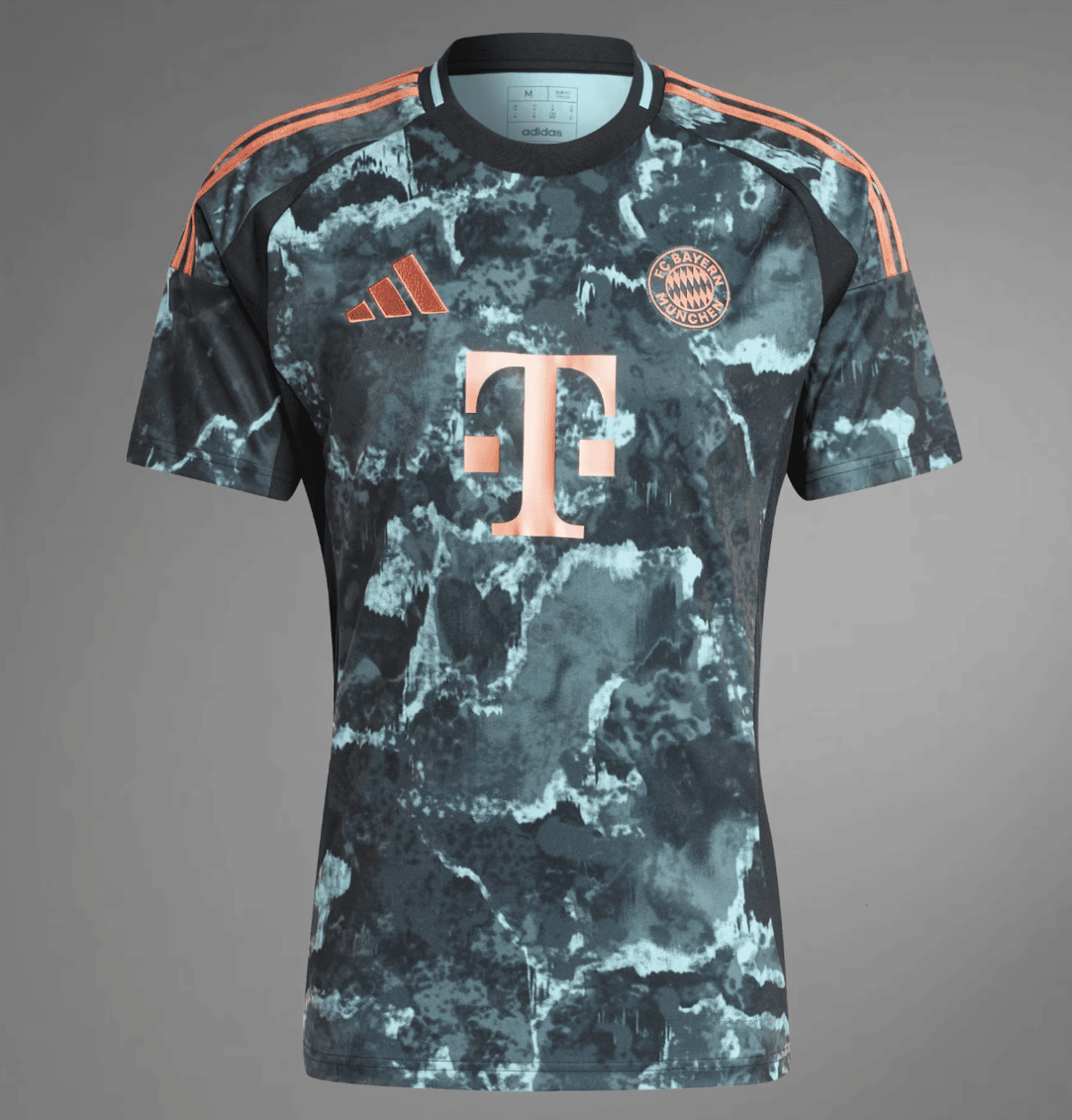 Front view of a teal camouflage-style FC Bayern Munich football jersey with copper-pink Adidas logo, large Telekom sponsor logo, and orange shoulder stripes on a dark background.