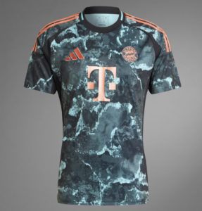 Front view of a teal camouflage-style FC Bayern Munich football jersey with copper-pink Adidas logo, large Telekom sponsor logo, and orange shoulder stripes on a dark background.